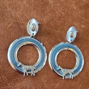 Equestrian Horses Cowgirl Earring Silver Blue Circular Metal